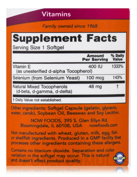 NOW E - 400 d-alpha with Mixed Tocopherols & Selenium 100 gélkapszula