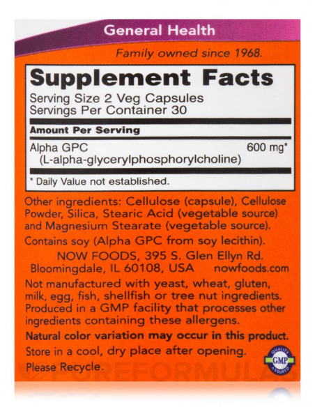 NOW Alpha GPC 300 mg 60 vegan facts