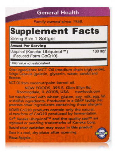 Now Foods Ubiquinol 100mg 60 facts