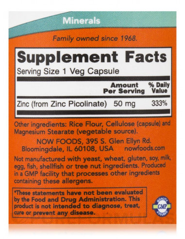 NOW Zinc Picolinate 50 mg 60 vegan facts