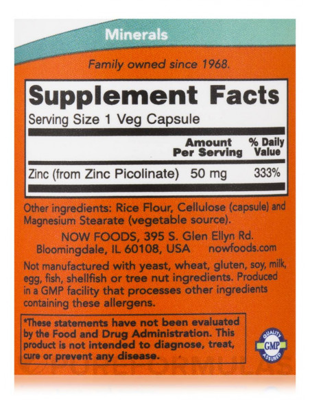 NOW Zinc Picolinate 50 mg 60 vegan facts