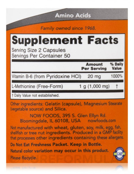NOW L-Methionine 500 mg facts