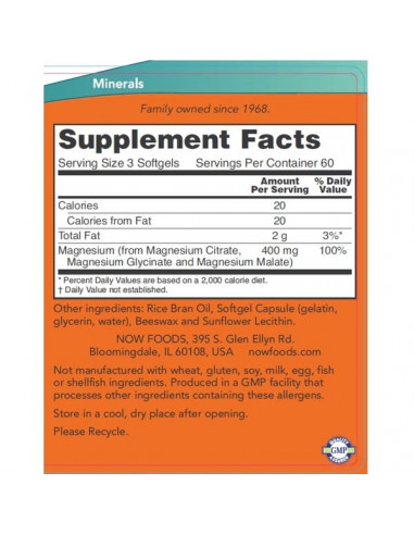 NOW Magnesium Citrate softgels facts