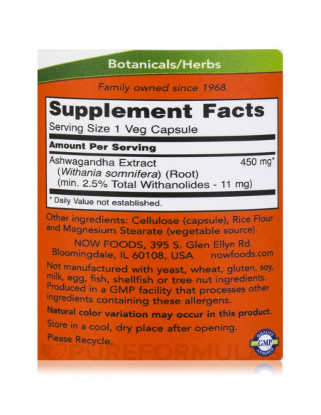 NOW Ashwagandha 450mg 180 facts