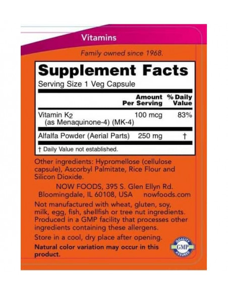 NOW Vitamin K-2 100 mcg facts