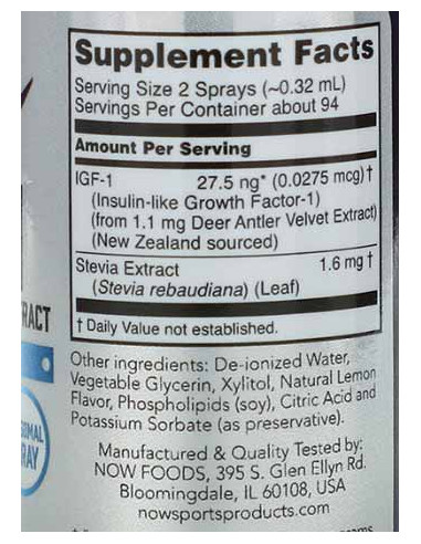 NOW IGF-1 Deer Antler Velvet Extract 30 ml lemon összetétele