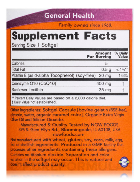 NOW CoQ10 400 mg 60 gélkapszula facts