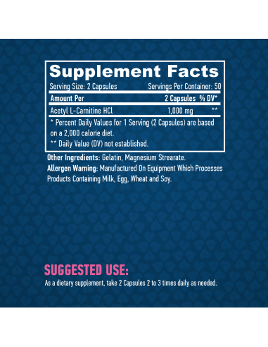 Haya Labs Acetyl L-Carnitine 1000 mg 100 kapszula facts
