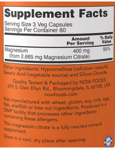 NOW Magnesium Citrate 240 vegan kapszula