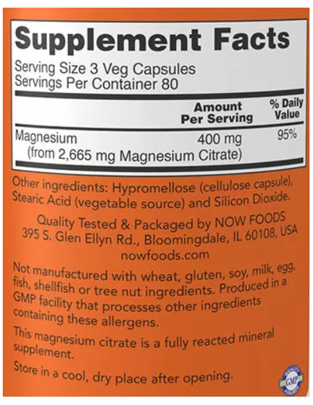 NOW Magnesium Citrate 240 vegan kapszula