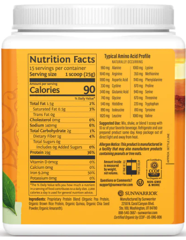 Sunwarrior Protein Classic Plus 375 g összetétele