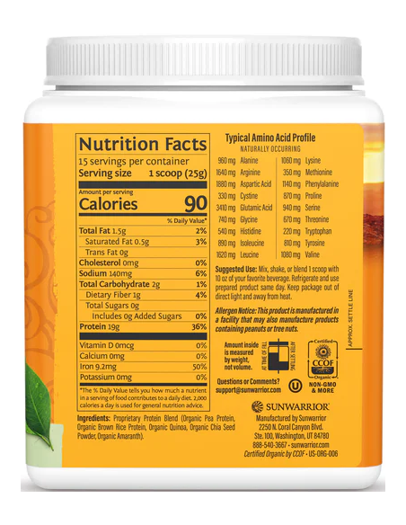 Sunwarrior Protein Classic Plus 375 g összetétele