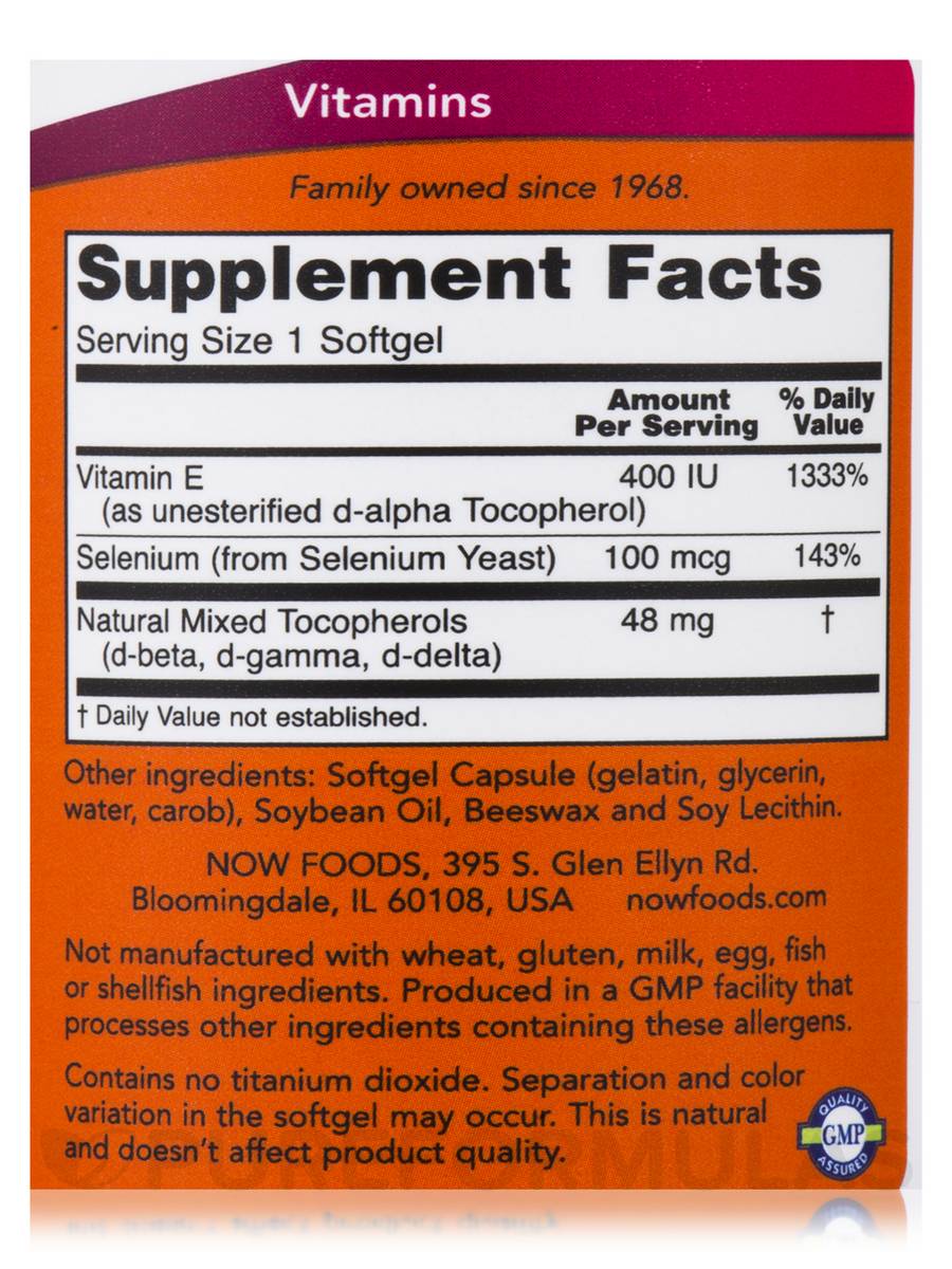 NOW E-400 d-alpha with Mixed Tocopherols & Selenium