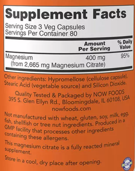 NOW Magnesium Citrate 240 vegan kapszula