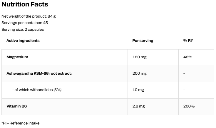 OstroVit KSM-66 Ashwagandha + Magnesium + B6 P-5-P 90 kapszula összetétel