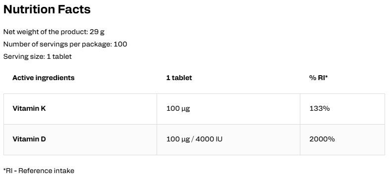 OstroVit Vitamin D3 4000 + K2 100 tabletta összetétel