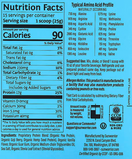 Sunwarrior Protein Warrior Blend összetétele 1